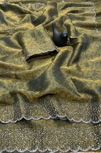 Mehendi satin woven saree with zari work