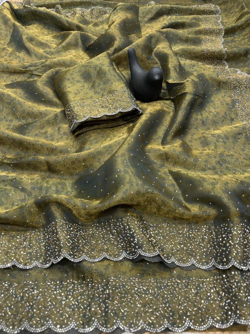 Mehendi satin woven saree with zari work