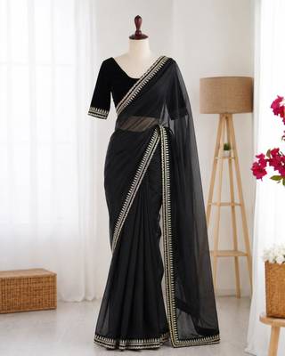 Black net embroidered saree with sequins work 1