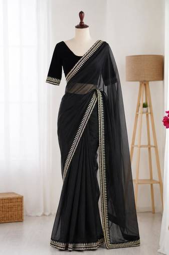 Black net embroidered saree with sequins work