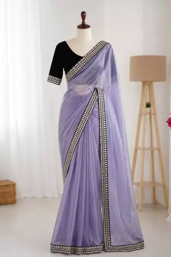 Lavender net embroidered saree with sequins work