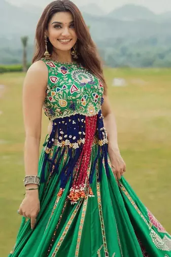 Green Digital Print Cotton Lahenga Choli Set