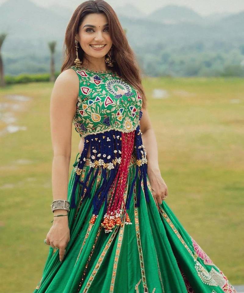 Green Digital Print Cotton Lahenga Choli Set