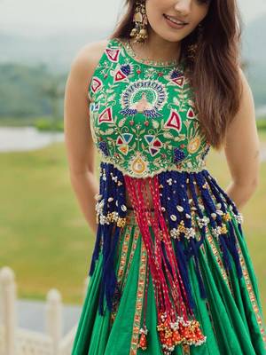 Green Digital Print Cotton Lahenga Choli Set 3