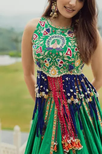 Green Digital Print Cotton Lahenga Choli Set