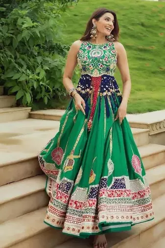 Green Digital Print Cotton Lahenga Choli Set