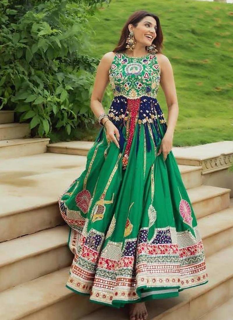 Green Digital Print Cotton Lahenga Choli Set