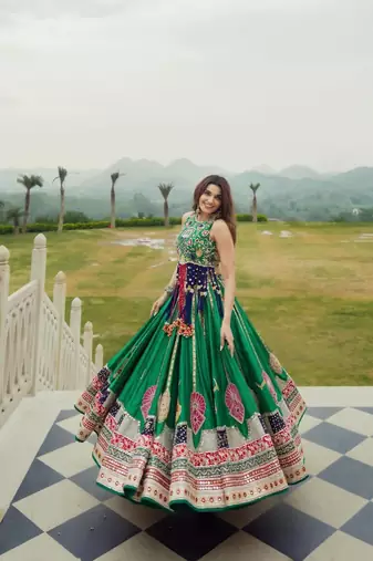 Green Digital Print Cotton Lahenga Choli Set