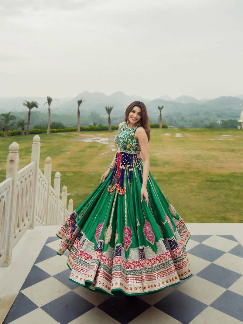 Green Digital Print Cotton Lahenga Choli Set