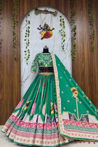 Green Digital Print Cotton Lahenga Choli Set