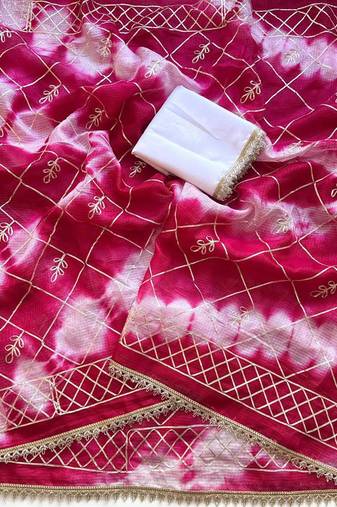Magenta silk blend printed saree with tie dye