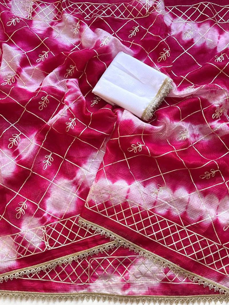 Magenta silk blend printed saree with tie dye