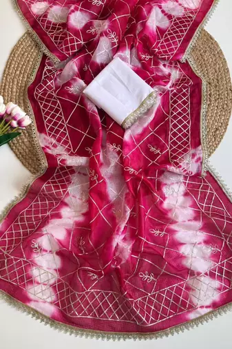 Magenta silk blend printed saree with tie dye