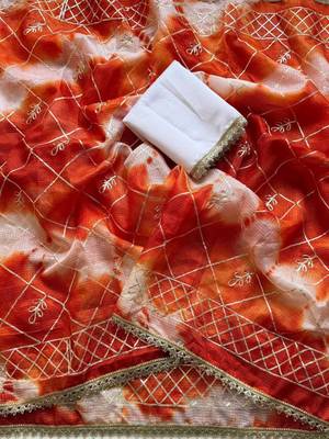 Orange silk blend printed saree with tie dye 1