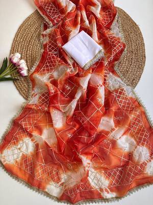 Orange silk blend printed saree with tie dye 2