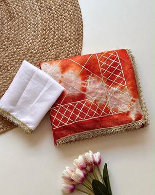 Orange silk blend printed saree with tie dye 3