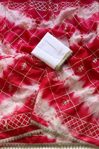 Pink silk blend printed saree with tie dye