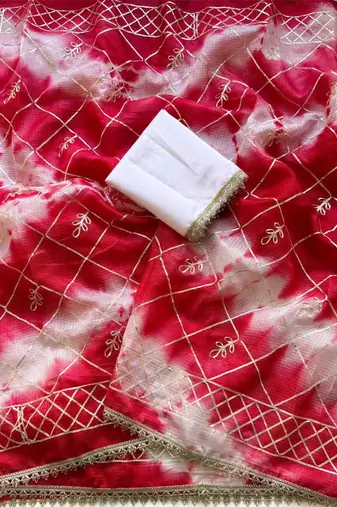 Pink silk blend printed saree with tie dye