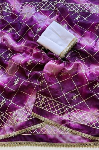 Purple silk blend printed saree with tie dye