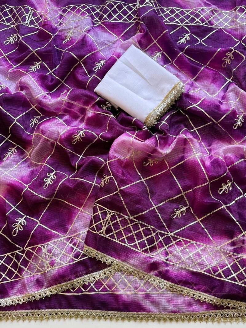 Purple silk blend printed saree with tie dye