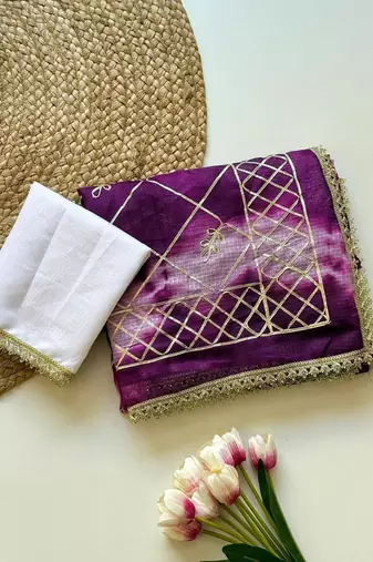 Purple silk blend printed saree with tie dye