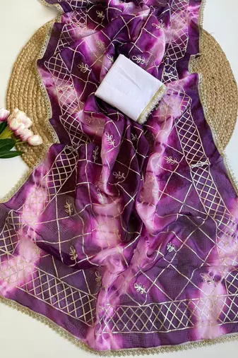 Purple silk blend printed saree with tie dye