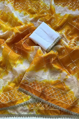 Yellow silk blend printed saree with tie dye