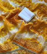 Yellow silk blend printed saree with tie dye