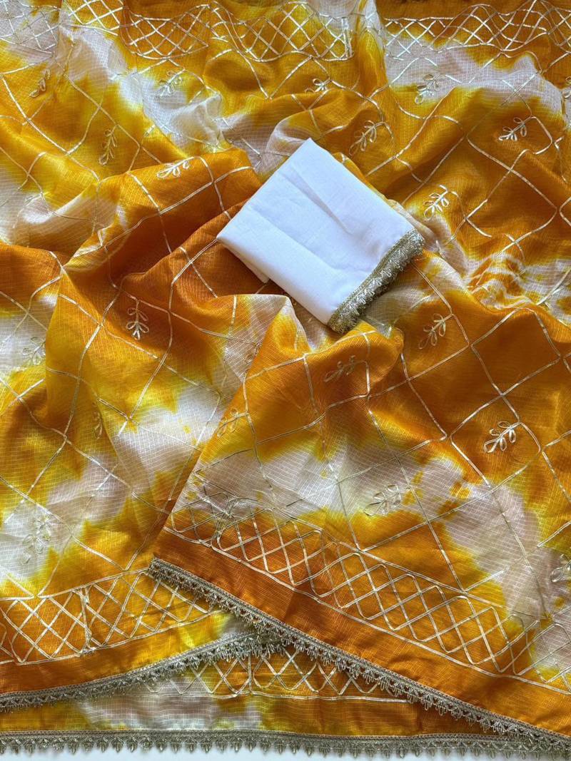 Yellow silk blend printed saree with tie dye