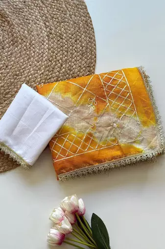 Yellow silk blend printed saree with tie dye