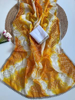 Yellow silk blend printed saree with tie dye 3