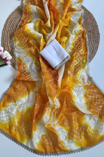 Yellow silk blend printed saree with tie dye