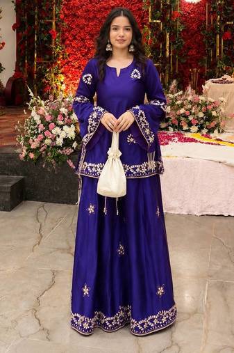 purple color sequin and zari embroidery work crepe kurti palazzo set