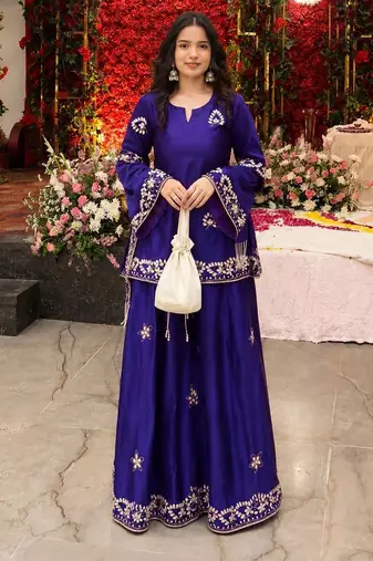purple color sequin and zari embroidery work crepe kurti palazzo set