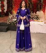 purple color sequin and zari embroidery work crepe kurti palazzo set