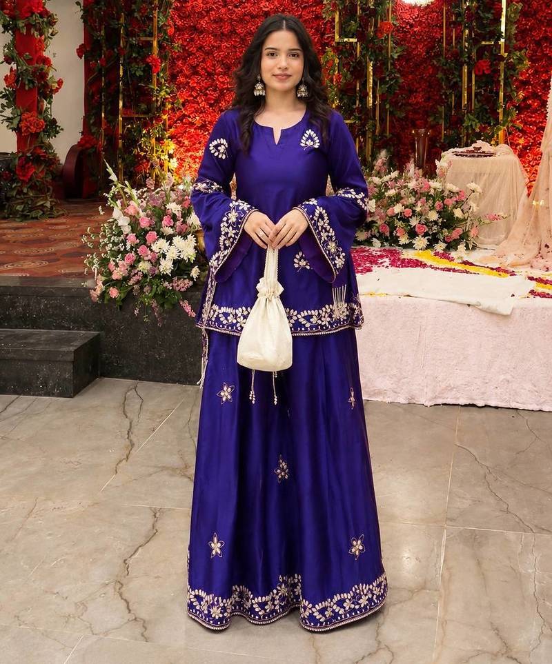 purple color sequin and zari embroidery work crepe kurti palazzo set