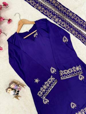 purple color sequin and zari embroidery work crepe kurti palazzo set 2