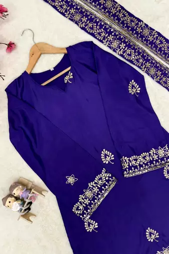 purple color sequin and zari embroidery work crepe kurti palazzo set