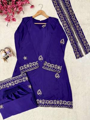 purple color sequin and zari embroidery work crepe kurti palazzo set 3