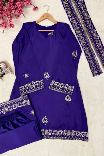 purple color sequin and zari embroidery work crepe kurti palazzo set