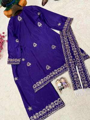 purple color sequin and zari embroidery work crepe kurti palazzo set 4