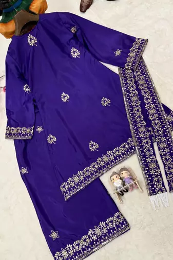 purple color sequin and zari embroidery work crepe kurti palazzo set