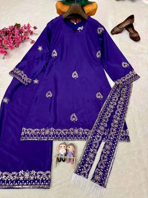purple color sequin and zari embroidery work crepe kurti palazzo set 5