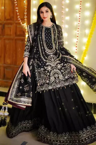 Black Color  Embroidery Sequence Work Faux Georgette Salwar Suit