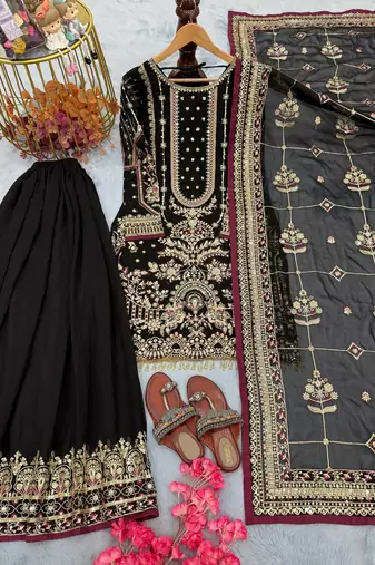 Black Color  Embroidery Sequence Work Faux Georgette Salwar Suit