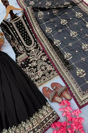 Black Color  Embroidery Sequence Work Faux Georgette Salwar Suit