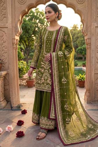 Green Color  Embroidery Sequence Work Faux Georgette Salwar Suit