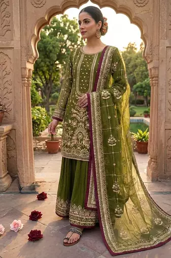 Green Color  Embroidery Sequence Work Faux Georgette Salwar Suit
