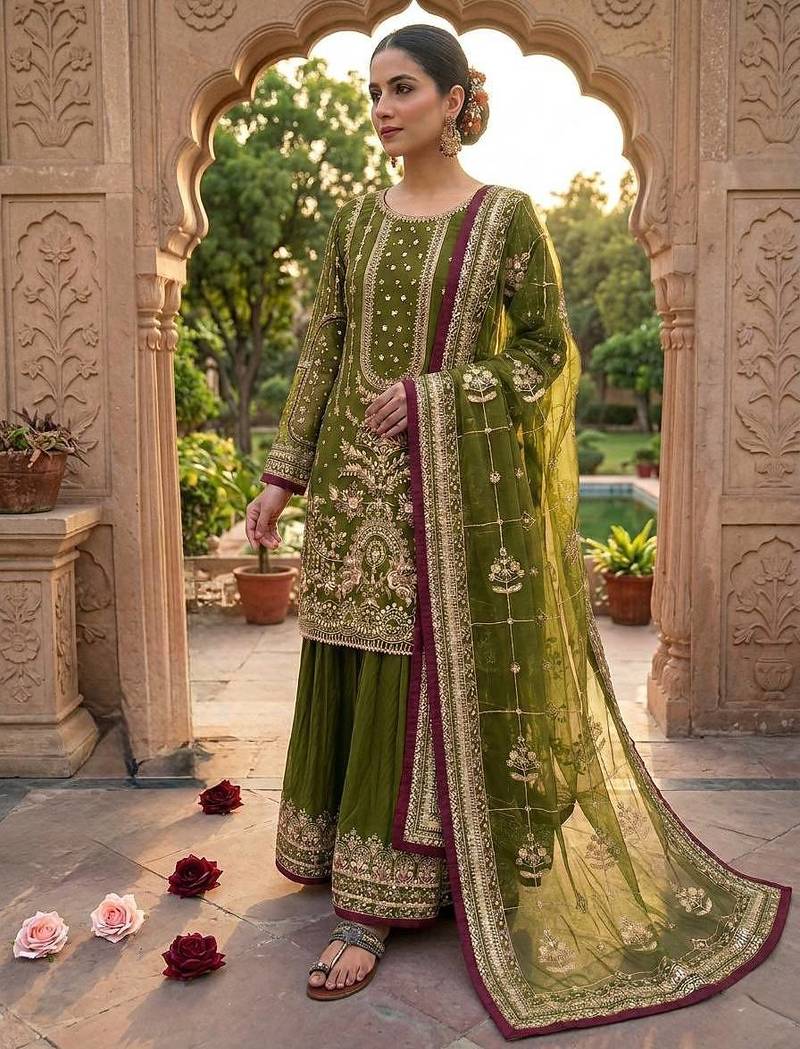 Green Color  Embroidery Sequence Work Faux Georgette Salwar Suit
