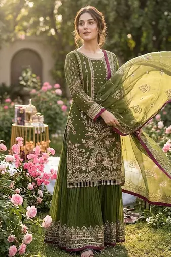 Green Color  Embroidery Sequence Work Faux Georgette Salwar Suit